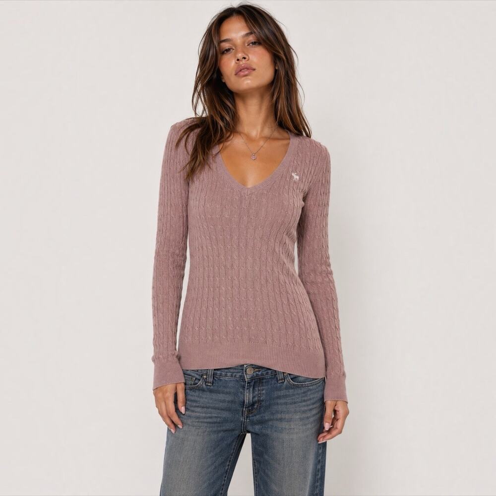 Abercrombie & Fitch Womens Dusty Rose Cable Knit V-Neck Sweater Moose Logo Sz L